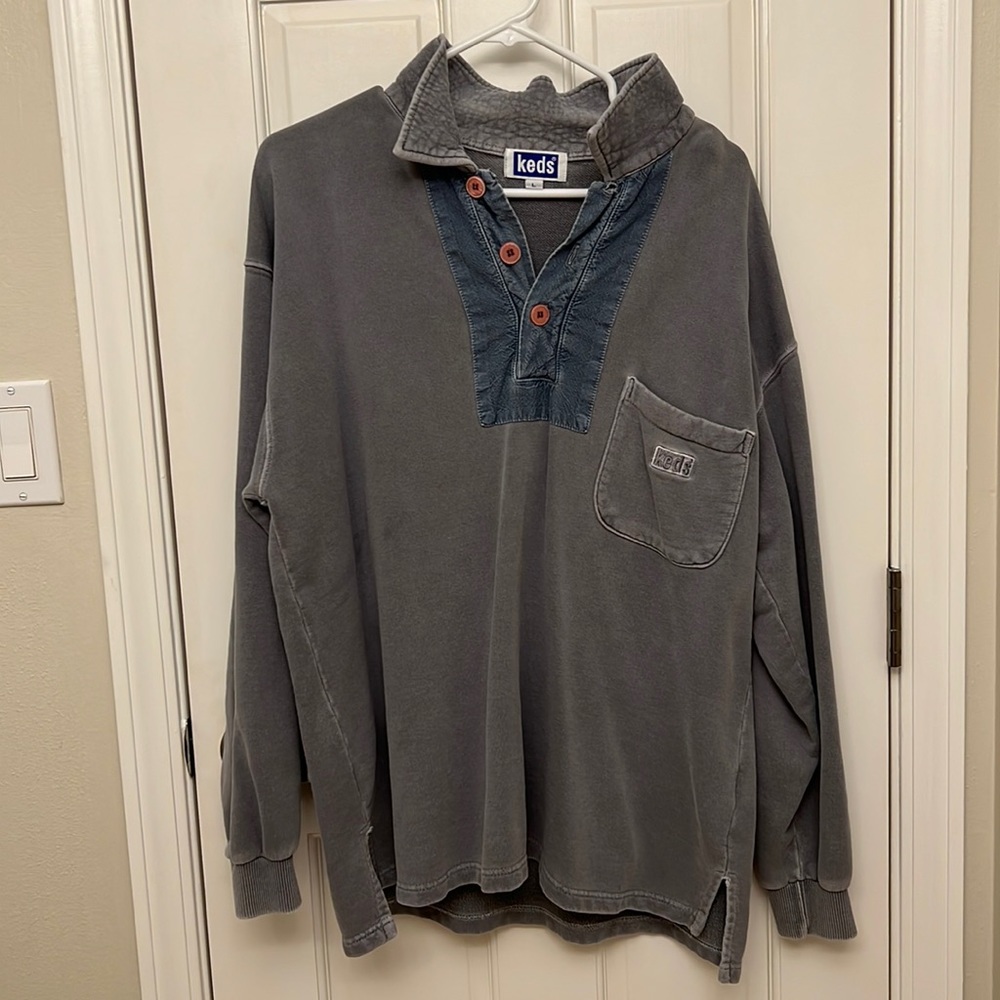 Vintage Keds Pullover Button Up Sweatshirt with Denim Embroidery